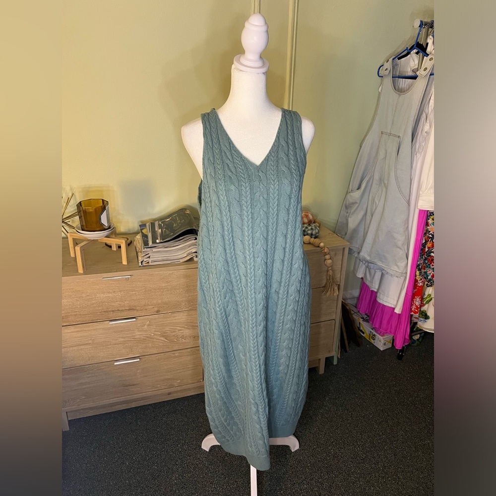MILA Turquoise Blue Knit Cotton Modest Baggy Relaxed Thick Sweater Overall Dress